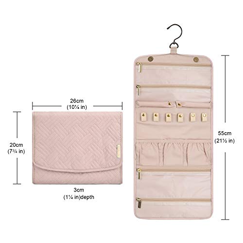 BAGSMART Travel Hanging Jewelry Organizer Case Foldable Jewelry Roll with Hanger for Journey Rings, Necklaces, Bracelets, Earrings, Soft Pink