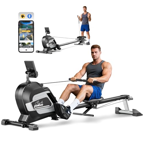 pooboo Rowing Machines for Home, Magnetic Rowing Machine with Adjustable Resistance, Folding Rower Machine of Quiet, 350lbs Weight Capacity, Comfortable Seat Cushion,LCD Monitor, App Support