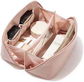EACHY Travel Makeup Bag - Waterproof Pink Cosmetic Bags for Women and Girls, Make Up Organizer with Dividers and Handle, Aesthetic Makeup Bags for Traveling（Pink）