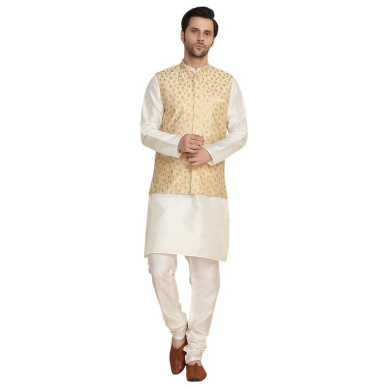 Image of KRAFT INDIA Men's Stylish Silk Kurta with Churidar & Nehru Jacket Set