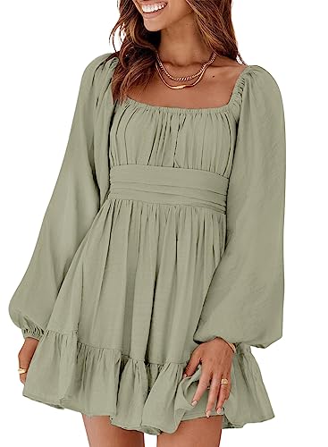 Dokotoo Square Neck Summer Dresses for Women 2026 Tie Back Elastic Waist Lantern Long Sleeve Dresses Ruffle A-Line Grey Dress Casual Sexy Mini Dress Beach Vacation Clothes Small Grey