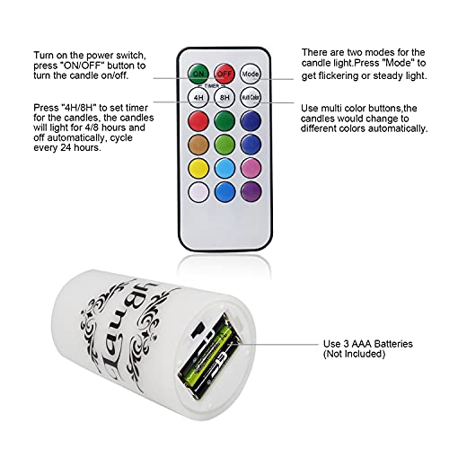 DRomance Color Changing Flameless Candles Battery Operated with 18-Key Remote Timer, 3 Pack Real Wax Live Love Laugh Decal Flickering LED Pillar Candles Wedding Holiday Decor(3" x 4", 5", 6")