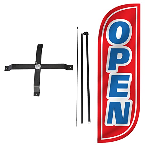Image of LookOurWay Feather Flag Set - 5ft Tall Advertising Banner Flag with Pole Kit and X-Stand for Business Promotion - Open Red /Blue
