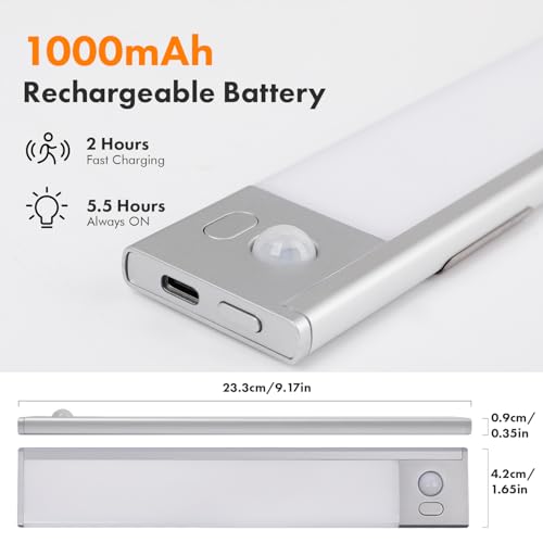 Image of 2 Pack Under Cabinet Lighting, 3 Colors & Dimmable Motion Sensor Light Indoor, 900mAh Rechargeable Under Cabinet Lighting Magnetic for Kitchen, Stairs, Closets, Silver(Aluminum Alloy+ABS +PC)