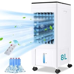 GMGXX 4 In 1 Evaporative Air Cooler, 8L 60W Air Cooler, 3 Mode, 8H Timer, 120°Oscillating, Remote Control, 4 Ice Crystal, Portable Air Conditioner Humidifier Air Purifier Cooling Fan for Home Office