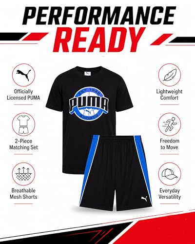 Image of PUMA Boys Short Set - 2 Piece Short Sleeve Crewneck Performance Graphic Tees and Athletic Mesh Shorts for Boys (Sizes: 4-16)
