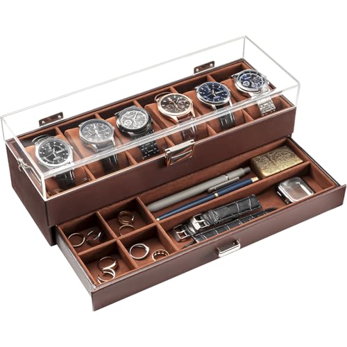 ProCase Watch Case for Men, 6 Slot Watch Display Case With Clear Acrylic Lid, Mens Watch Box Organizer With Drawer, 2-Layer Jewelry and Watch Storage