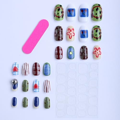 Image of Summer Press on Nails Short Oval Fake Nails Starfish Flower with Design Glossy Full Cover Stick on Nail for Women Manicure 24Pcs