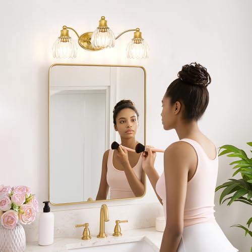 Image of Brushed Gold Bathroom Vanity Light Fixture Vintage Style - 3 Light E26 Bulb, 21.7 inch Wide Bathroom Lighting Over Mirror with Clear Glass Shades, Easy Mount Antique Brass Wall Sconce for Makeup Area
