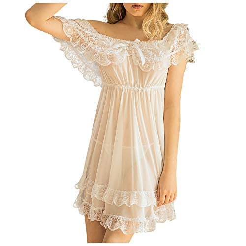 Women's Sexy Nightdress Ruffle Lace Sleepwear Mesh Sheer Pajamas Strapless Lingerie Satin Bowknot White
