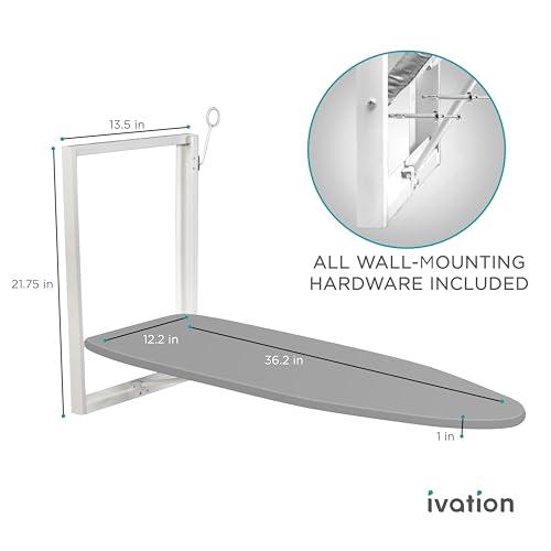 Ivation Wall-Mounted Ironing Board | Compact 36.2� x 12.2� Ironing Station for Home, Apartment & Small Spaces | Sturdy Folding Board, Easy-Release Lever, Removable Cotton Cover & Mounting Hardware