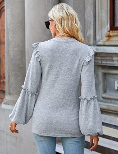Blooming Jelly Womens Puff Sleeve Tops Dressy Blouses Fall Clothes Cute Ladies Blouses V Neck T Shirts (Medium,Grey) #TOP4