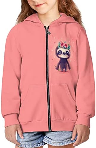 Viewamoon Cute Sloth Hooded Sweatshirts for Girls Size 8-11T Pink Athletic Zipper Hoodies with Ribbed Cuffs Design Stylish O-Neck Sweaters Skateboarding Hoody Girls Cute Sports Hoodies