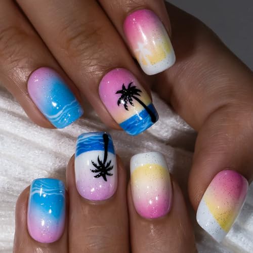 Curvlife Press on Nails Hawaii Acrylic Fake Nails with Short Desi...