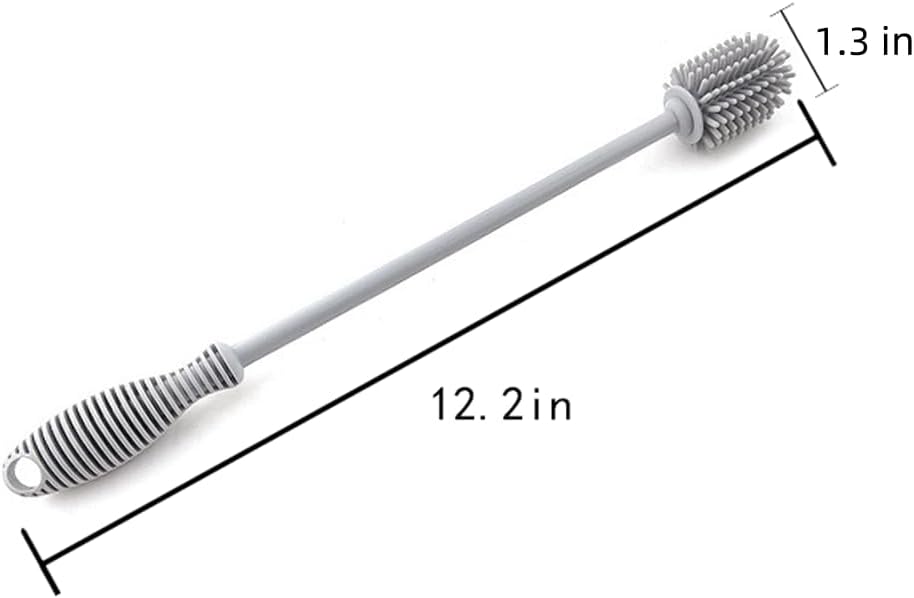 Silicone Bottle Cleaning Brush with Long Handle, 12.2"" Water Bottle Cleaner for Baby Bottles, Hydro Flask, Sports Bottle, Vase, Glassware, Perfect for Smaller Diameter Bottle Openings, Gray