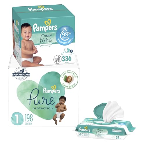 Image of Pampers Pure Protection Disposable Baby Diapers Size 1, One Month Supply (198 Count) with Aqua Pure Baby Wipes, 6X Pop-Top Packs (336 Count)