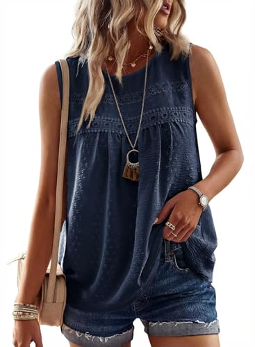 Image of Falechay Womens Summer Tops Boho Shirts Crewneck Sleeveless Tank Tops Flowy Lace Hem Casual Blouses Clothing Trendy 2026