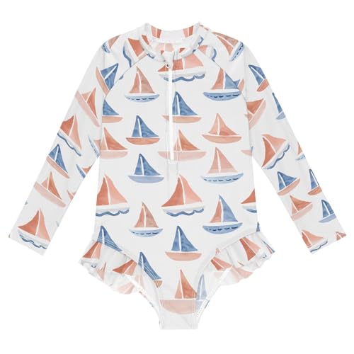 ALAZA Watercolor Sail Boat Cartoon Girls One Piece Swimsuit Long Sleeve Rash Guard Swimsuits UV 50+ Swimwear Zipper