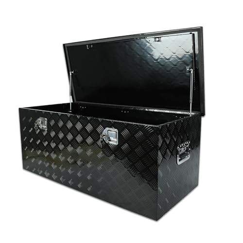 caqeg 48 Inch Heavy Duty Aluminum Stripes Plated Tool Box Pick Up Truck Bed RV Trailer Toolbox Square Storage Organizer with Side Handle Lock and Keys Waterproof -48x 19.5x 17.5 Black