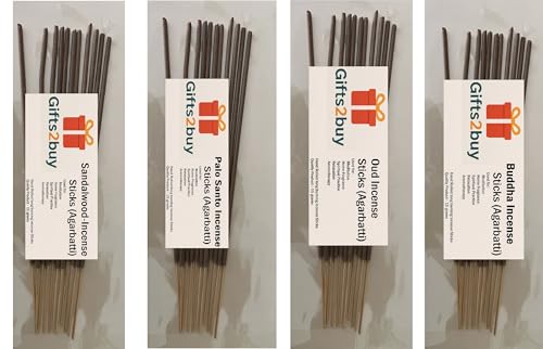 Gifts2buy Premium Incense Sticks Pack, 4 Fragrances - Buddha, Oud, Palo Santo, Sandalwood, 11 Sticks of 15 Grams per Fragrance, for Meditation and Aromatherapy
