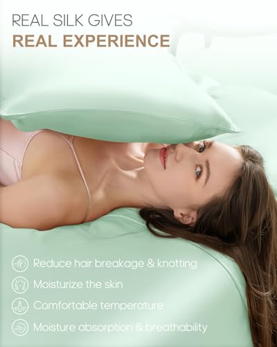 Image of THXSILK Set of 2 100% Mulberry Silk Pillowcase for Hair and Skin Health, 22 Momme Soft and Smooth Pillowcases with Hidden Zipper, Both Sides Premium Grade 6A+ Silk, Standard 20 inchx26 inch, Turquoise Green
