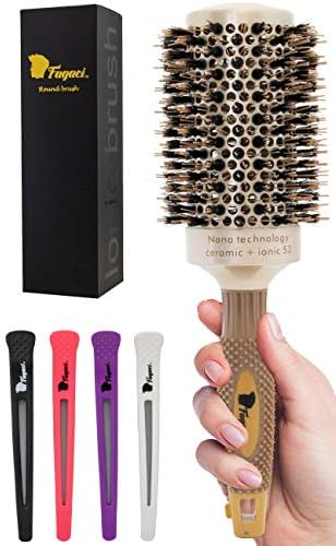 Fagaci Professional Large Round Brush for Blow Drying with Natural Boar Bristle, Round Hair Brush Nano Technology Ceramic+ Ionic for Hair Styling, Drying, Healthy Hair and Add Volume + 4 Styling Clips