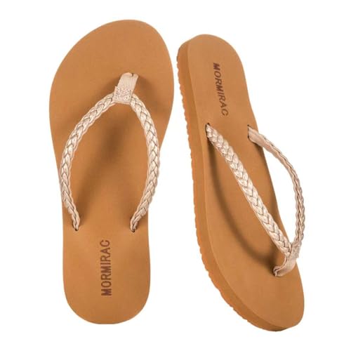 MORMIRAC Womens Slim Braided Comfortable Flip Flops Summer Beach Thong Sandals Arch Support Non Slip Champagne US8