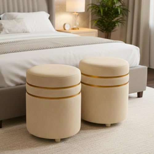 Image of Decorative Ottoman Pouffes for Sitting - Two-Piece Set of Puffy Stools and Footstools - Round Ottoman Stool for Living Room Furniture (Cream)