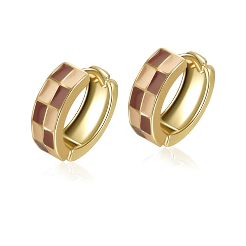 Checker Cartilage Hoops Teacher Earrings for Women White Black Enamel Gold