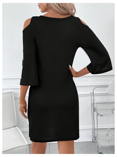 Verdusa Women's Floral Print Cold Shoulder Dress Color Block Half Sleeve Short Dress2