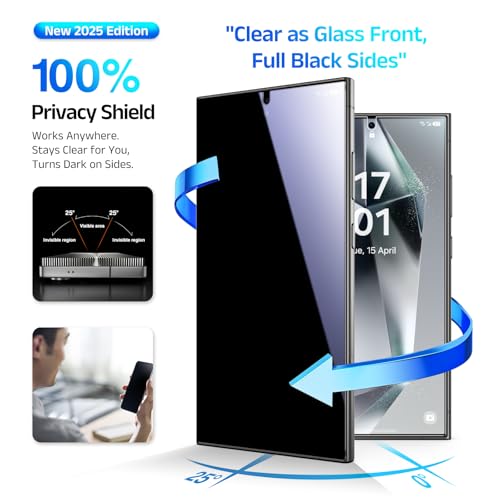 Image of EZ-GLAZ-4 Pack for Samsung Galaxy S24 Ultra Privacy Screen Protector [6.8 inch], Fingerprint Unlock, 9H Tempered Glass, Scratch Resistant, with Installation Box, Bubble-Free, HD Clear, Case Friendly