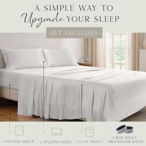 Image of KARISSA MAE Luxury Bamboo Viscose Cal King Size Sheet Set | FSC Certified | Cooling | Ultra Soft | 18 inch Deep Pockets | Elastic Corner Straps | Includes Organizer Band [Cream]