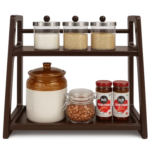 Image of 2 Tier Wooden Kitchen Organizer Rack for Countertop | Spice Jar Storage Shelf | Countertop Kitchen Rack 45x20x40 cm Brown | Wooden Storage Stand for Home and Kitchen