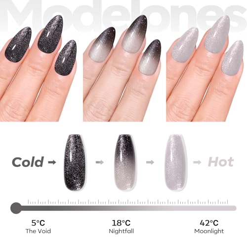 Image of modelones Gel Nail Polish Black Sliver, Glitter Gel Polish Color-Changing Mood Temperature-Sensitive Halloween Soak-Off Nail Art Manicure 15 ML