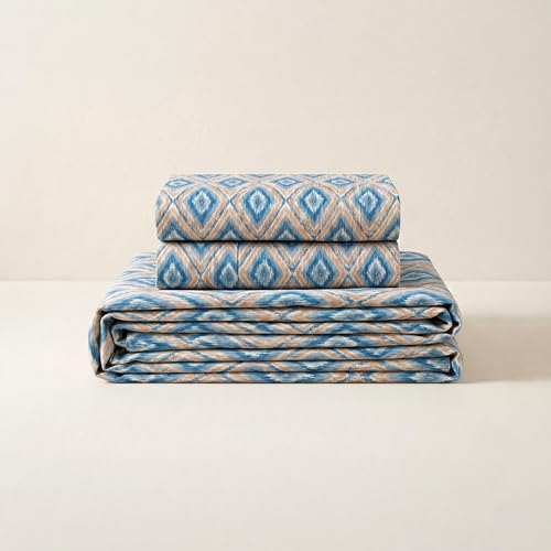 Image of LANE LINEN Symphony | 100% Cotton Sheet Set | Soft & Breathable Fabric | 3 Piece (1 Bedsheet + 2 Pillow Covers) | Double Bed Sheet Set - Linear Blue Horizon