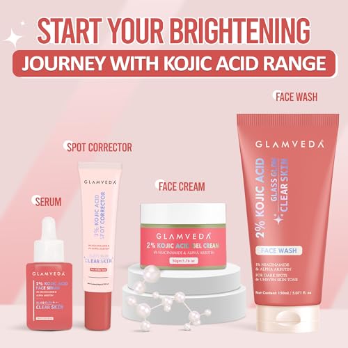 Image of Glamveda 2% Kojic Acid Skin Care Combo | Brightening Facewash & Gel Cream | Remove Fades Dark Spots, Pigmentation & Acne Scars | Evens Skin Tone | Blemishes & Boosts Radiance | Women & Men 200ml