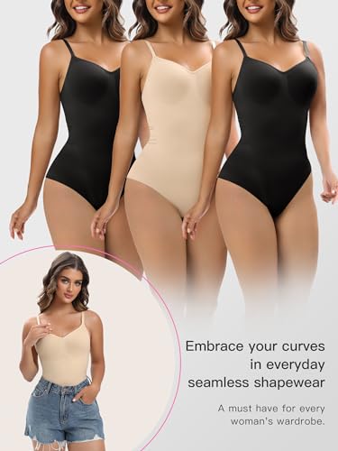 Image of YIANNA Women's Shapewear Tummy Control Seamless Bodysuit Thong Body Shaper | Waist Shaping Faja Body Suit, High Stretch Compression Garment, Hook and Eye Crotch, for Invisible Under Dresses & Daily Wear