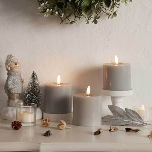 Image of Pillar Gray Flameless Candles Set of 3 (H3 x D3) Battery Operated with Remote LED Pillar 3 inch Flameless Candles for Home, Festival, Party Decoration of Indoor and Outdoor Events(Light Gray)