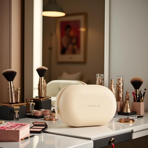 Image of Silicone Makeup Bag, Makeup Brush, Lipstick & Cosmetic Item Carry Pouch,Portable Makeup Brush Bag, Waterproof Travel Toiletry Bag with Zipper Closer,Silicone Travel Pouch (Beige)