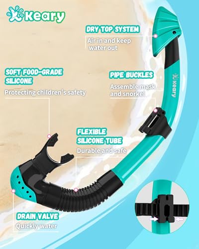 Keary Kids Snorkel Set 6-14 8-12 4-7 Kid Snorkeling Diving Mask and Dry Snorkel Kit for Boys Girls Youth Anti Fog Swim Goggles with Nose Cover Anti-UV Dry Snorkeling Gear for Kids Mirrored Lens, Green — view 6