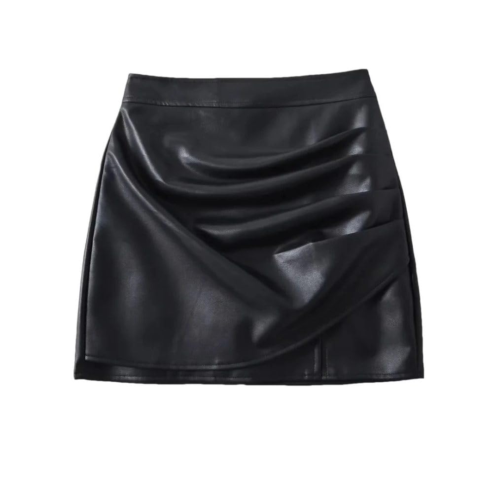 SWEPER Falda Corta De Mujer - Minifalda De Cuero De Moda para Mujer, Falda Femenina Versátil Vintage De Cintura Alta con Pliegues Laterales, Corte En A