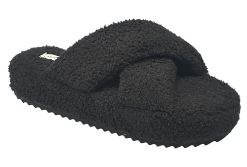 AEROPOSTALE Fuzzy Open Toe Slippers Shoes for Women – Soft Faux Sherpa Fur House Slippers with Memory Foam X Band, Indoor & Outdoor Non-Slip Sole, Fluffy Criss-Cross Design for Bedroom, Spa, and Lounge