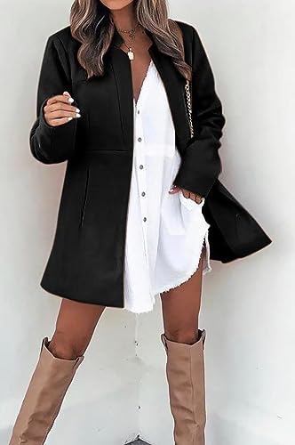 ELFTOWN Women's Woolen Blend Stand Collar Open Front Cardigan Coat Mid Long Work Office Blazer Jacket Outwear with Pockets4