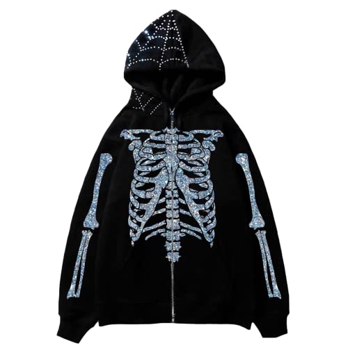 Aobiono Sudadera con capucha Y2K para hombre y mujer, diseño de telaraña, diamantes de imitación, gótico, grunge, emo, alt, Harajuku, Dark Academia, Punk, estética, plateado, Large