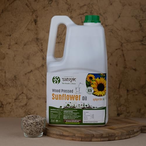 Image of S Siddhagiri's SATVYK THE HEALTH re STORE Wood Pressed Sunflower Oil - (5Ltr Can) - | Unrefined Cooking Oil| Wooden Ghani | High in Anti-Oxidants | Kachi Ghani Sunflower Oil