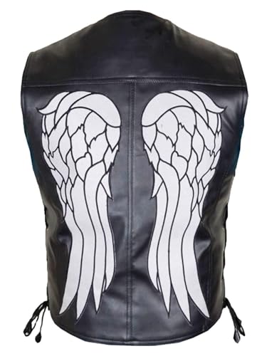 MERCH ATTIRE Daryl Dixon - Chaleco de piel sintética para hombre, diseño de alas de ángel, Negro - piel sintética., XS