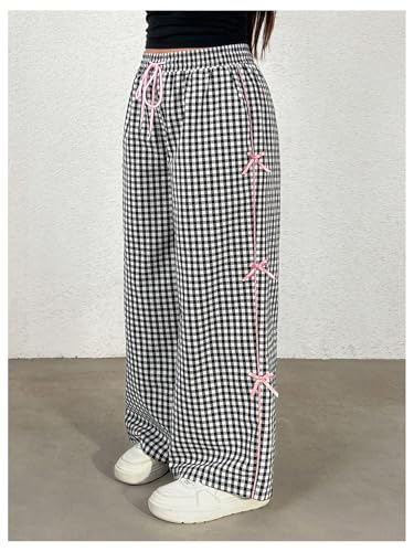 Verdusa Women's Plus Size Gingham Plaid Bow Pants Drawstring High Waisted Wide Leg Loose Trousers3