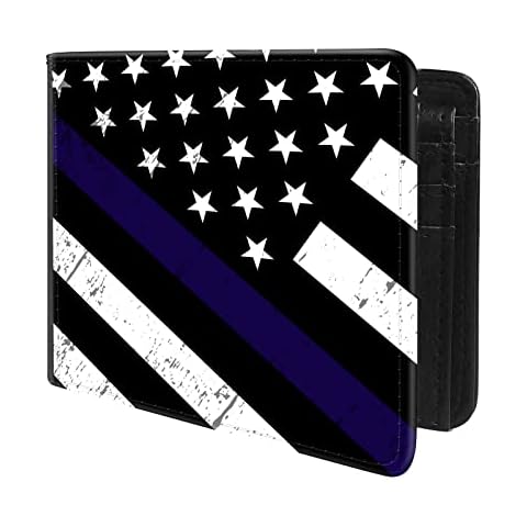 Trofung (Flag of USA with Thin Blue Line Front Pocket Slim Bifold Leather Wallet RFID Blocking with ID Window for Men Cover