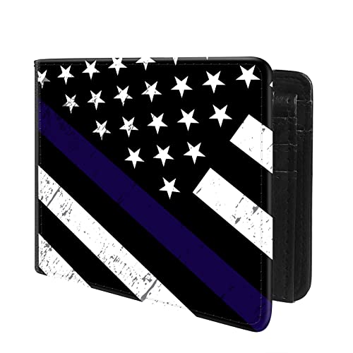 (Flag of USA with Thin Blue Line Front Pocket Slim Bifold Leather Wallet RFID Blocking with ID Window for Men