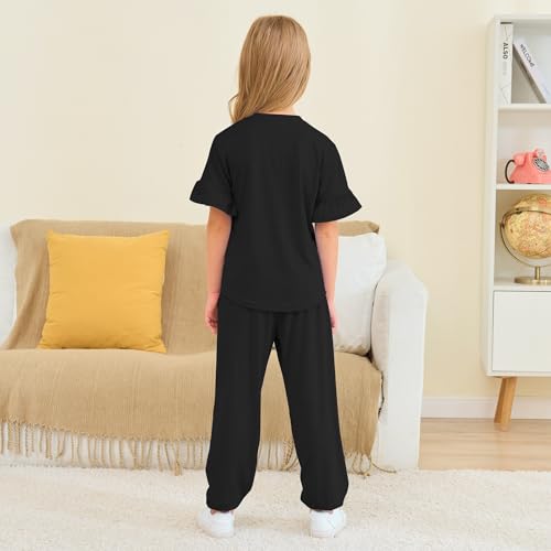Jimonda Kids Girls Outfits Ruffle Sleeve T-Shirt and Pants Set with Side Pockets Clothing Set 2 Piece 4-13 Years Old4